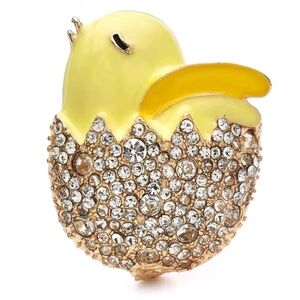 Yellow Baby Chicken Bird In Sparkling Bling Rhinestone Egg Shell Brooch Pin